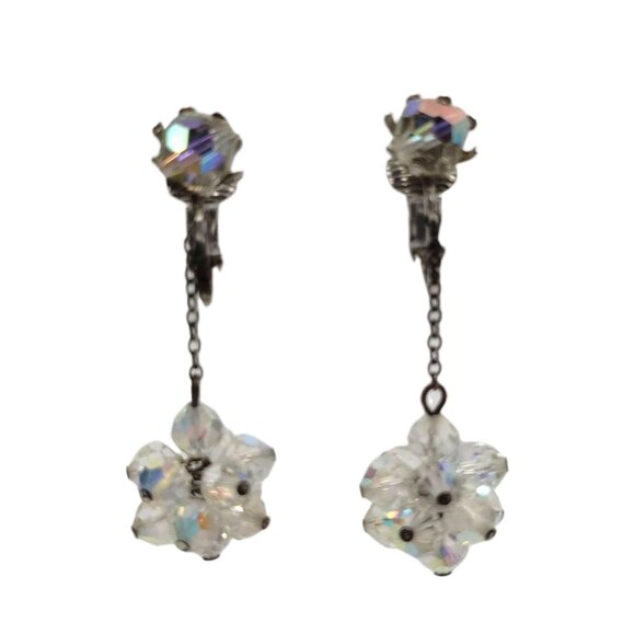 Vtg Aurora Borealis Crystal Clip-On Dangle Earrings AB Cluster Drop Statement - Picture 1 of 10